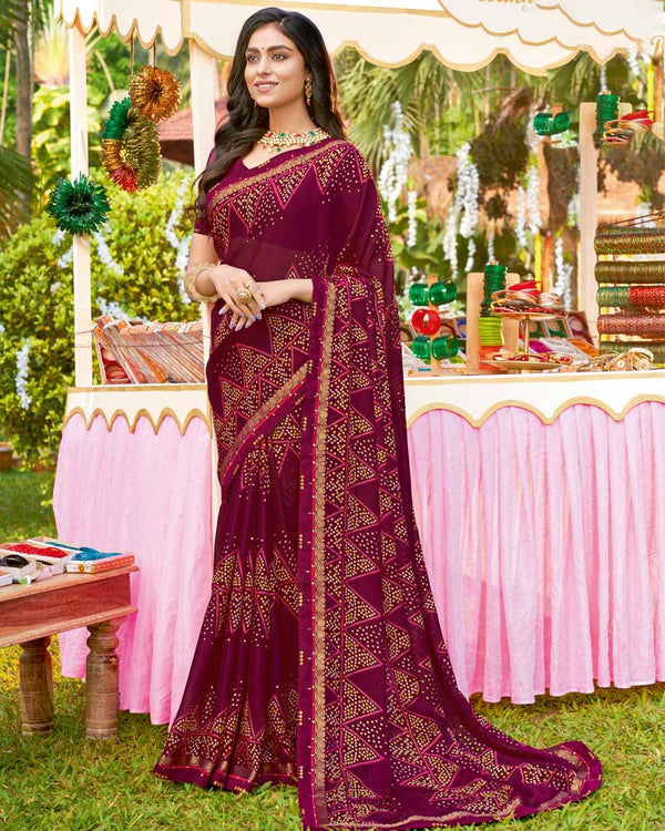 Vishal Prints Wine Bandhani Print Chiffon Saree With Foil Print