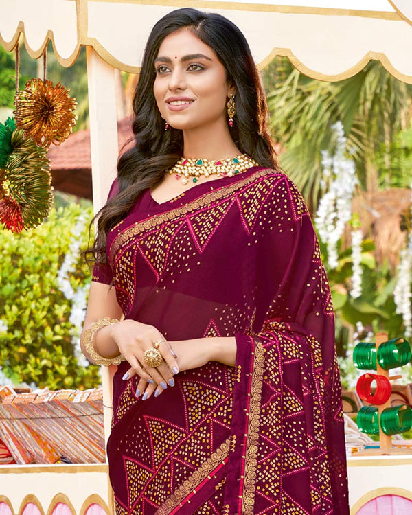 Vishal Prints Wine Bandhani Print Chiffon Saree With Foil Print