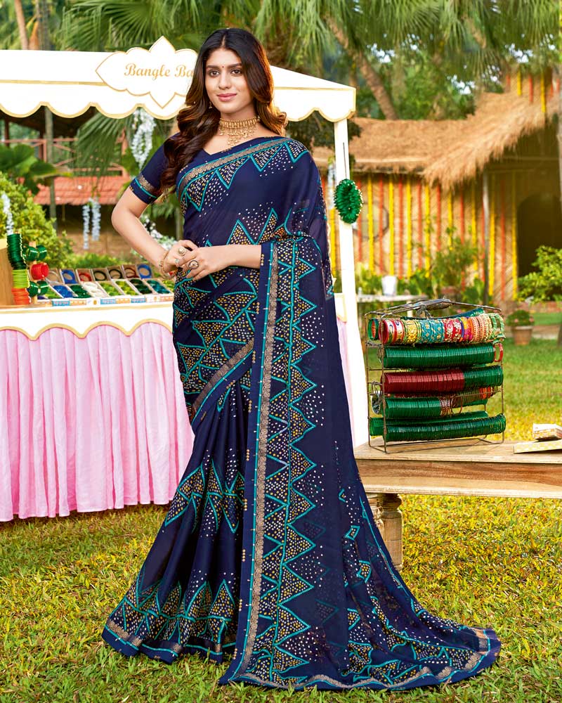 Vishal Prints Navy Blue Bandhani Print Chiffon Saree With Foil Print