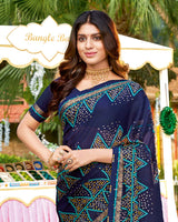 Vishal Prints Navy Blue Bandhani Print Chiffon Saree With Foil Print