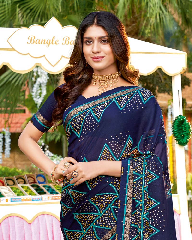 Vishal Prints Navy Blue Bandhani Print Chiffon Saree With Foil Print