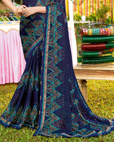 Vishal Prints Navy Blue Bandhani Print Chiffon Saree With Foil Print