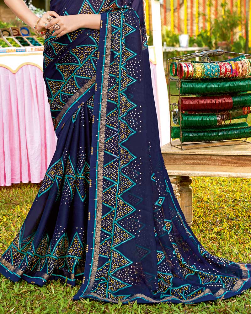Vishal Prints Navy Blue Bandhani Print Chiffon Saree With Foil Print