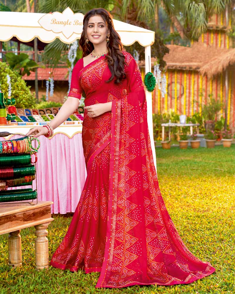 Vishal Prints Pinkish Red Bandhani Print Chiffon Saree With Foil Print