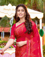 Vishal Prints Pinkish Red Bandhani Print Chiffon Saree With Foil Print