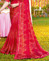 Vishal Prints Pinkish Red Bandhani Print Chiffon Saree With Foil Print