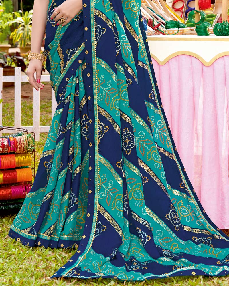 Vishal Prints Navy Blue Bandhani Print Chiffon Saree With Foil Print