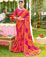 Vishal Prints Red Pink Bandhani Print Chiffon Saree With Foil Print