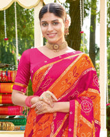 Vishal Prints Red Pink Bandhani Print Chiffon Saree With Foil Print