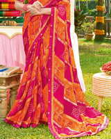 Vishal Prints Red Pink Bandhani Print Chiffon Saree With Foil Print