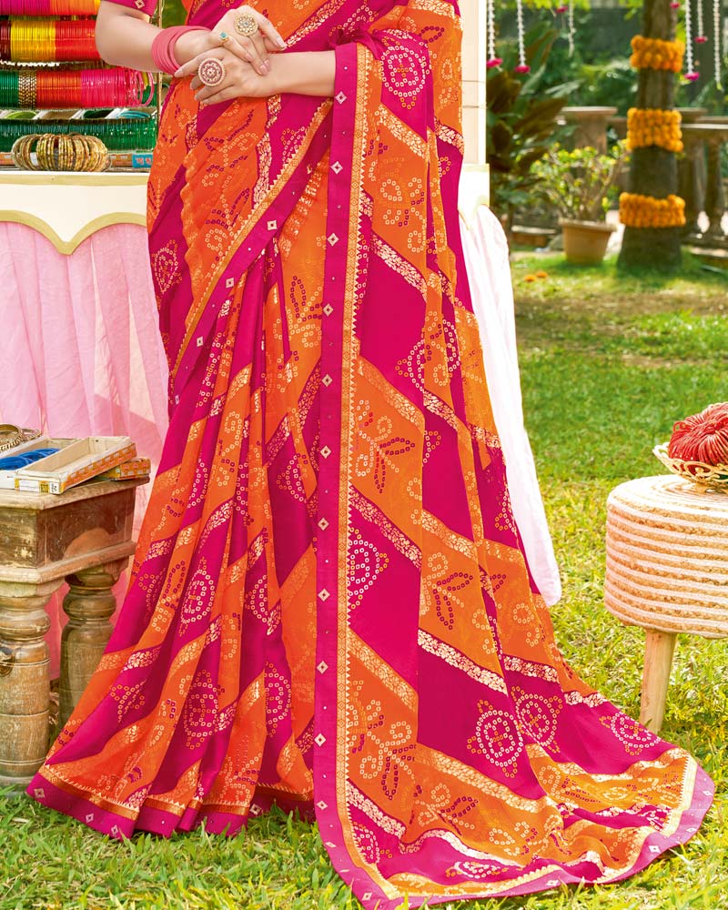 Vishal Prints Red Pink Bandhani Print Chiffon Saree With Foil Print