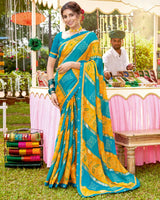 Vishal Prints Dark Turquoise Blue Bandhani Print Chiffon Saree With Foil Print