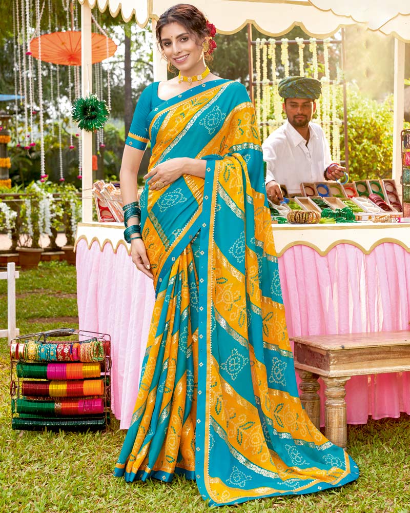 Vishal Prints Dark Turquoise Blue Bandhani Print Chiffon Saree With Foil Print