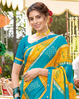 Vishal Prints Dark Turquoise Blue Bandhani Print Chiffon Saree With Foil Print