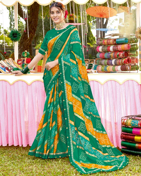 Vishal Prints Dark Sea Green Bandhani Print Chiffon Saree With Foil Print