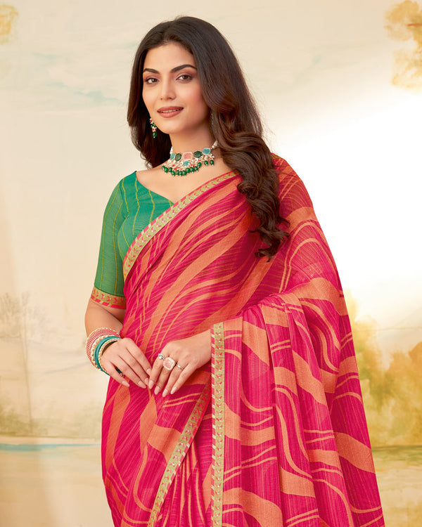 Vishal Prints Red Pink Designer Fancy Zari Brasso Saree With Border