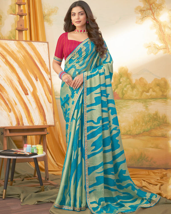 Vishal Prints Pacific Blue Designer Fancy Zari Brasso Saree With Border