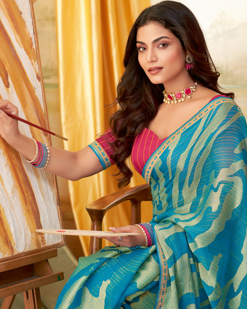 Vishal Prints Pacific Blue Designer Fancy Zari Brasso Saree With Border