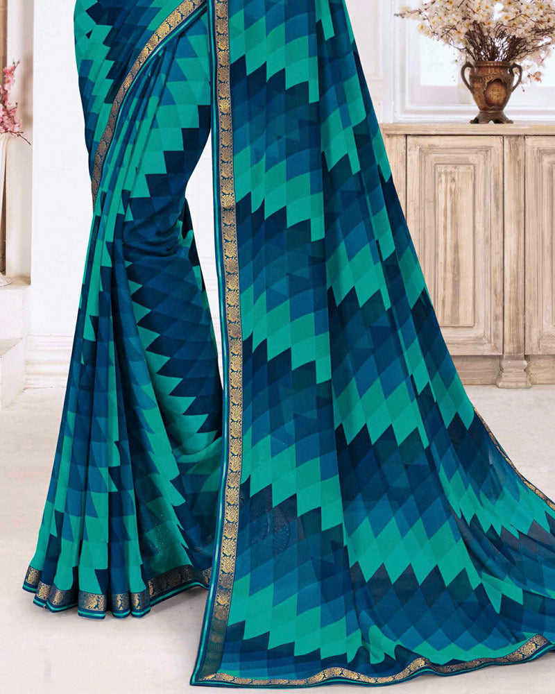 Vishal Prints Teal Blue Printed Georgette Saree With Zari Border
