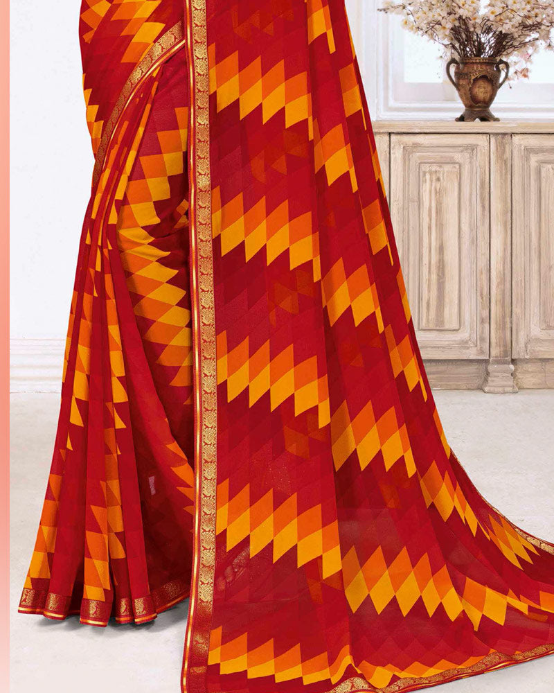 Vishal Prints Dark Red Printed Georgette Saree With Zari Border