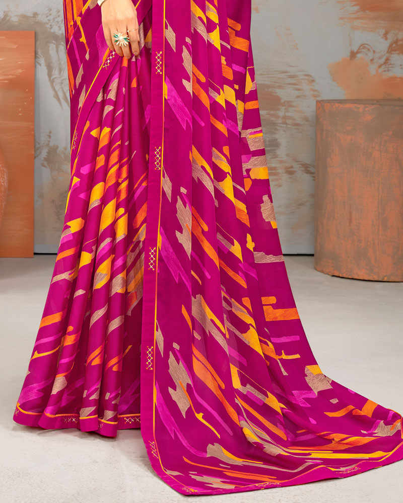 Vishal Prints Dark Fuchsia Printed Fancy Chiffon Saree With Border