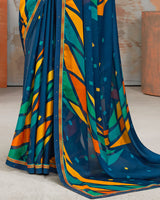Vishal Prints Prussian Blue Printed Fancy Chiffon Saree With Border
