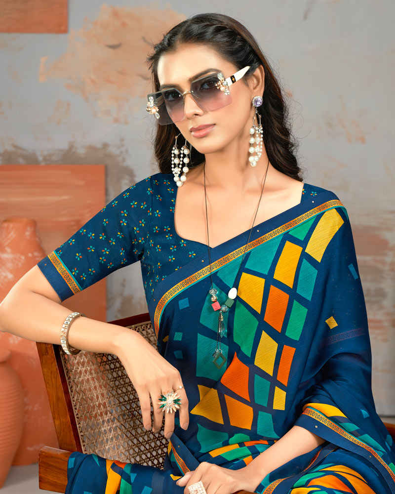 Vishal Prints Prussian Blue Printed Fancy Chiffon Saree With Border