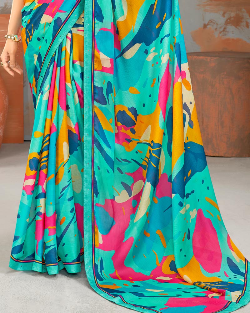 Vishal Prints Aqua Blue Printed Fancy Chiffon Saree With Border