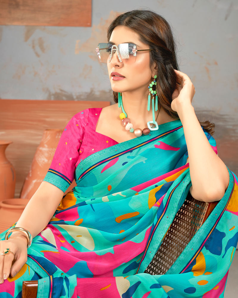 Vishal Prints Aqua Blue Printed Fancy Chiffon Saree With Border