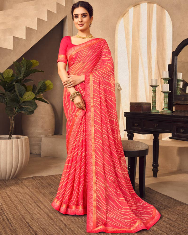 Vishal Prints Red Pink Printed Chiffon Saree With Fancy Border