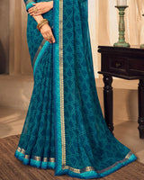 Vishal Prints Peacock Blue Printed Chiffon Saree With Fancy Border