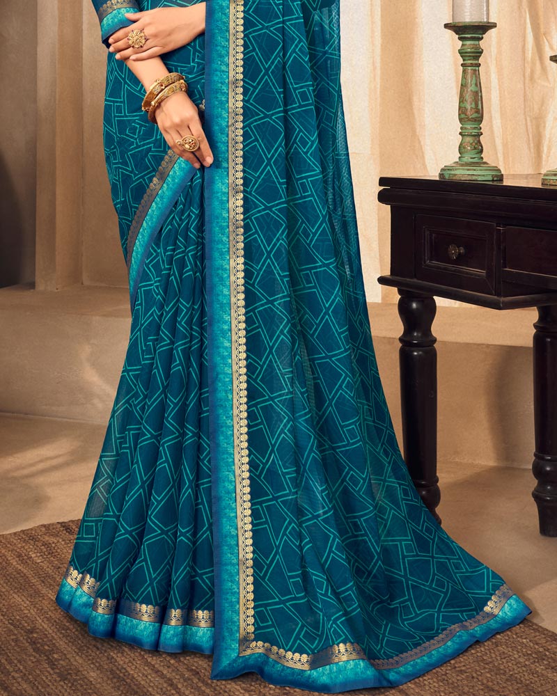 Vishal Prints Peacock Blue Printed Chiffon Saree With Fancy Border