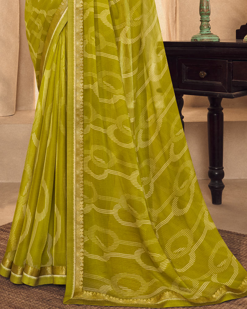 Vishal Prints Olive Yellow Printed Chiffon Saree With Fancy Border