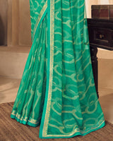 Vishal Prints Dark Mint Green Printed Chiffon Saree With Fancy Border