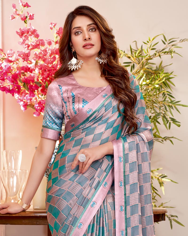 Vishal Prints Horizon Blue Designer Patterned Chiffon Saree With Fancy Border