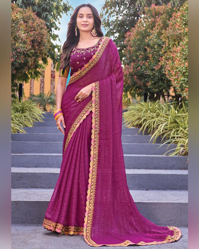 Vishal Prints Wine Berry Designer Shimmer-Chiffon Saree With Diamond Work And Fancy Embroidery Border