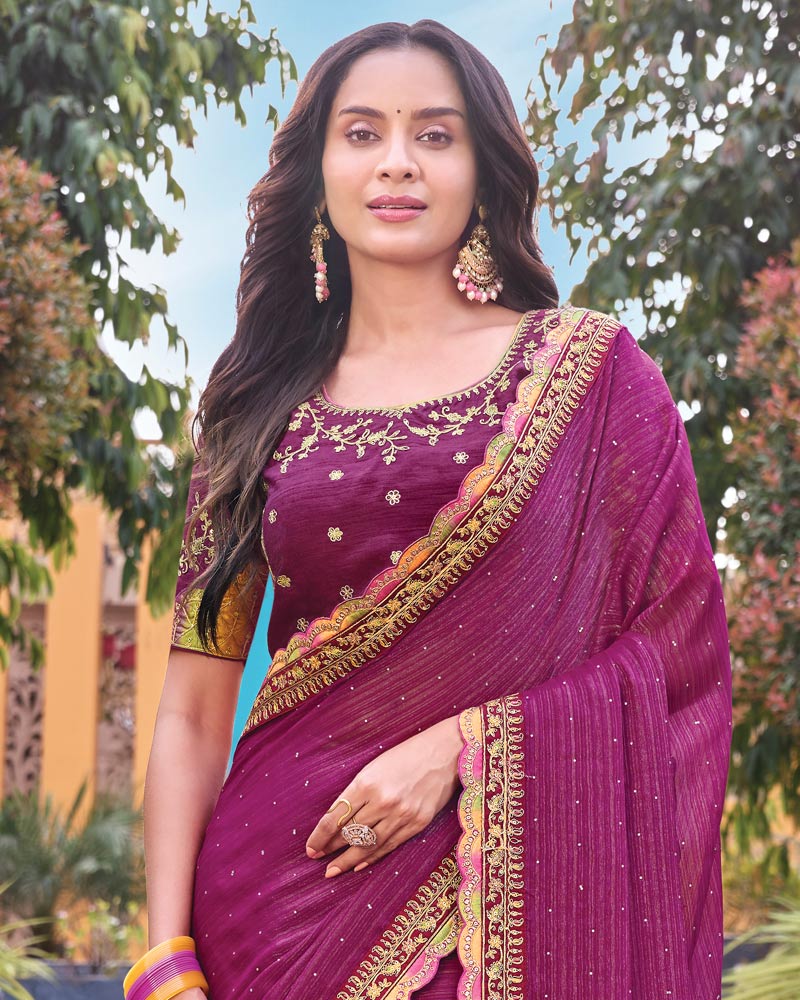 Vishal Prints Wine Berry Designer Shimmer-Chiffon Saree With Diamond Work And Fancy Embroidery Border