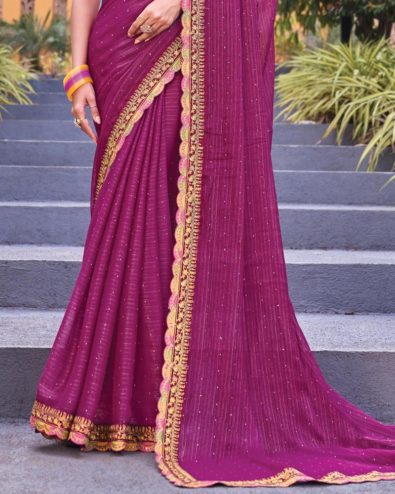 Vishal Prints Wine Berry Designer Shimmer-Chiffon Saree With Diamond Work And Fancy Embroidery Border