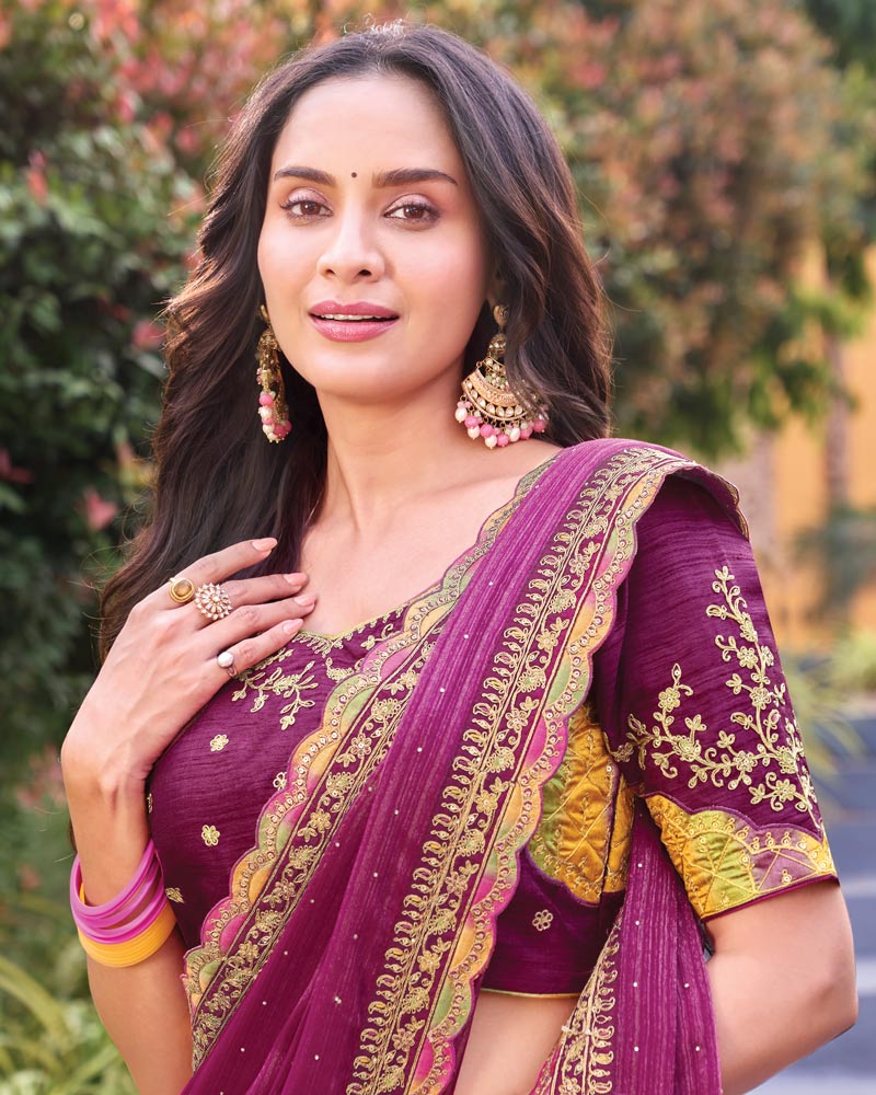 Vishal Prints Wine Berry Designer Shimmer-Chiffon Saree With Diamond Work And Fancy Embroidery Border