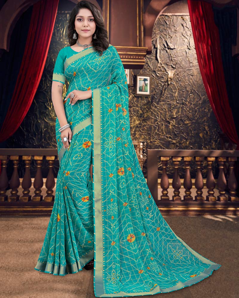 Vishal Prints Teal Green Bandhani Print Chiffon Saree With Zari Border