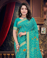 Vishal Prints Teal Green Bandhani Print Chiffon Saree With Zari Border
