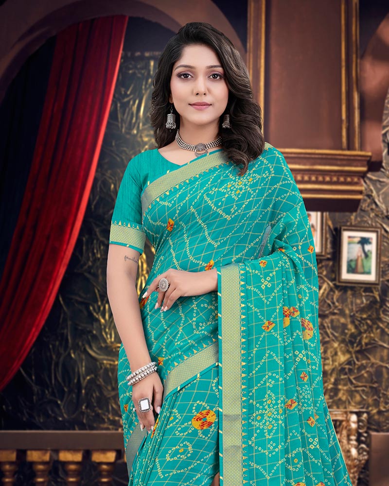 Vishal Prints Teal Green Bandhani Print Chiffon Saree With Zari Border