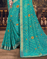 Vishal Prints Teal Green Bandhani Print Chiffon Saree With Zari Border