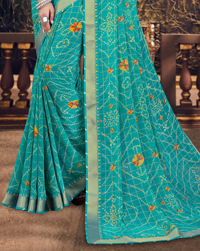 Vishal Prints Teal Green Bandhani Print Chiffon Saree With Zari Border