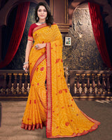 Vishal Prints Dark Yellow Bandhani Print Chiffon Saree With Zari Border