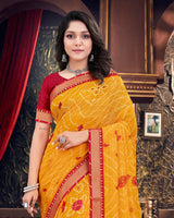 Vishal Prints Dark Yellow Bandhani Print Chiffon Saree With Zari Border
