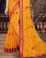 Vishal Prints Dark Yellow Bandhani Print Chiffon Saree With Zari Border