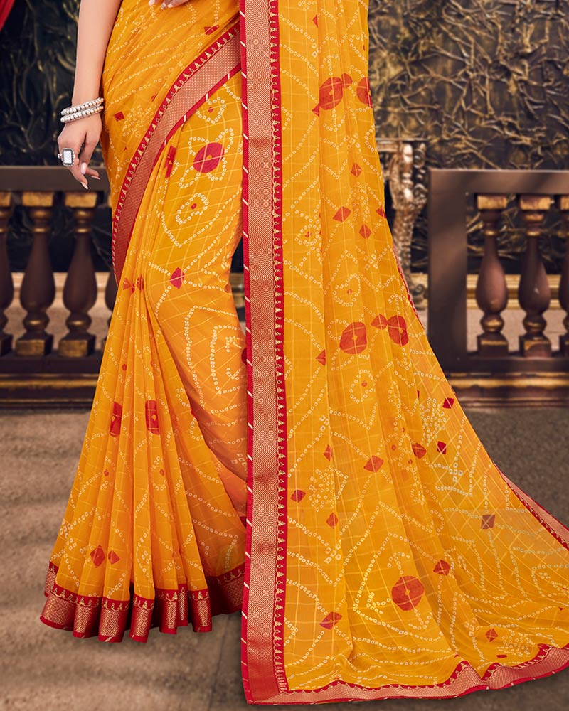 Vishal Prints Dark Yellow Bandhani Print Chiffon Saree With Zari Border