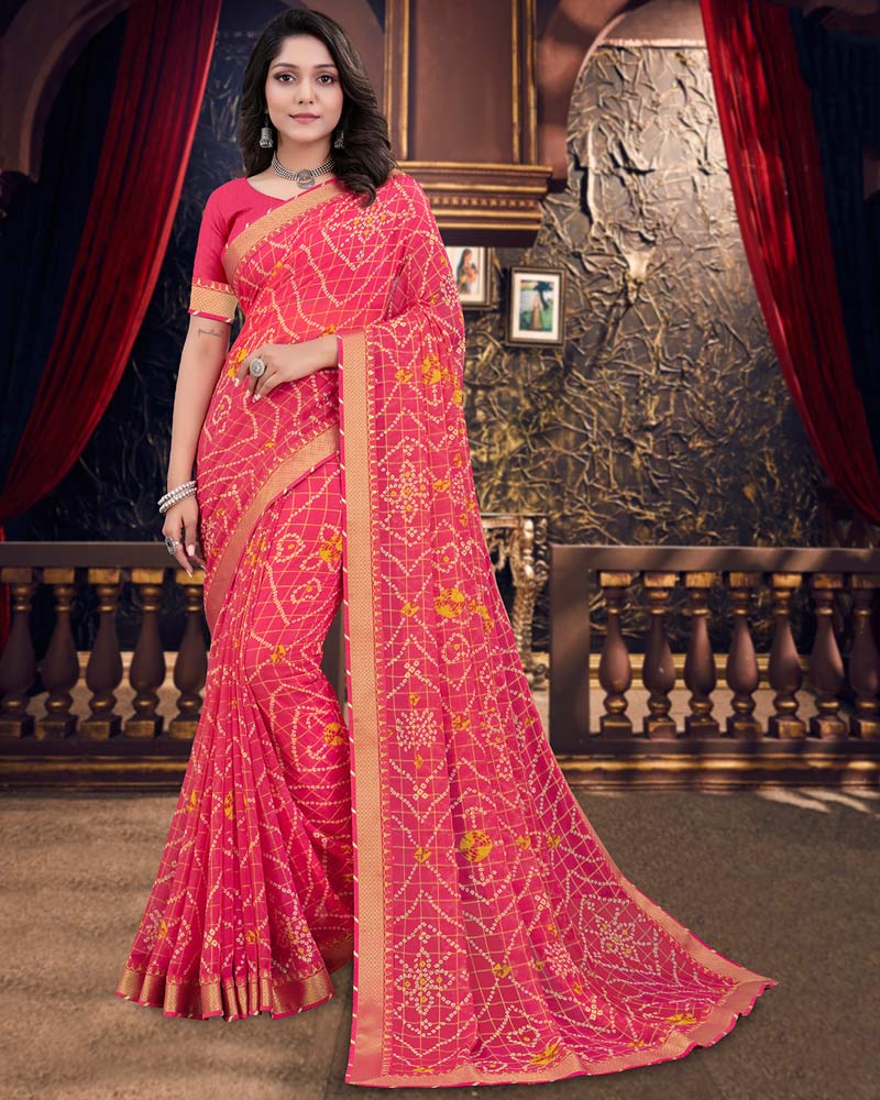 Vishal Prints Amaranth Pink Bandhani Print Chiffon Saree With Zari Border