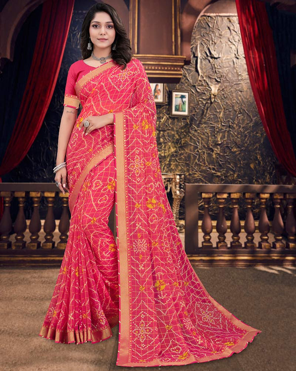 Vishal Prints Amaranth Pink Bandhani Print Chiffon Saree With Zari Border